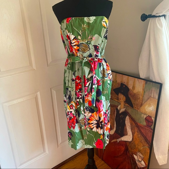 NEW YORK & CO 2 Pieces- Floral Strapless Dress w/Orange Cardigan Sweater - Picture 3 of 11